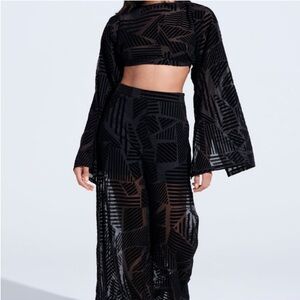 AKIRA Georgous Black Sheer Velvet Burnout Patterned Pant and Crop Top Set